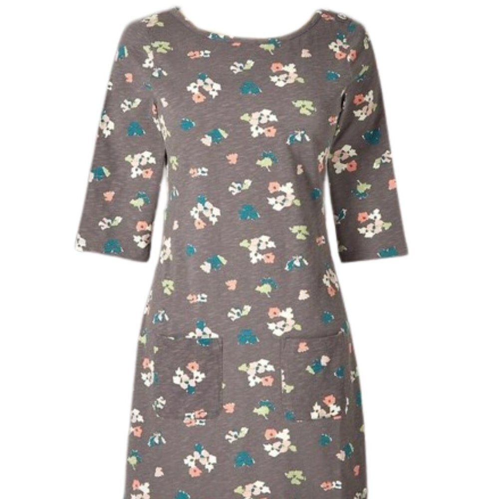 Boden 100% Cotton Floral Sheath Dress - 3/4 Sleeves - Taupe - 2